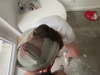 amateur stepmom paints the kitchen in her jeans shorts,so she gets fucked