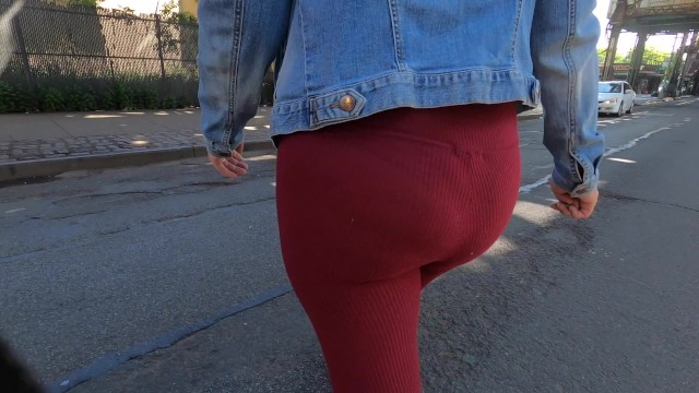 wife in see through Burgundy tights and shirt in public 15