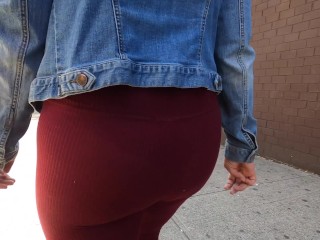 wife in see through Burgundy tights and_shirt in_public