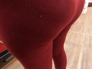 wife in see_through Burgundy tights_and shirt in public