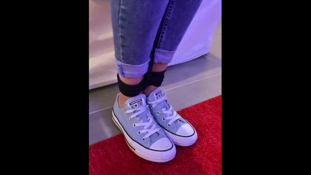 Girl with blue converse and tight jeans tied up by rope - Heavy Porn