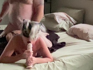Blond Milf gets fucked while sucking dildo