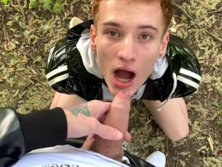 Ginger twink drink piss outdoor in chastity...