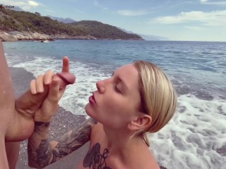 Blonde Deep Sucking and had Cowgirl Sex on the_Beach - Cumshot