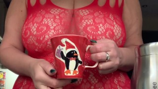 Filthy Big Tit Mature can't resist Playing with her Pussy and Huge Tits while making coffee.