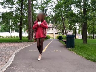 Sluty teen girl walks in the park in a micro dress without_panties (upskirt,no panties, stockings)