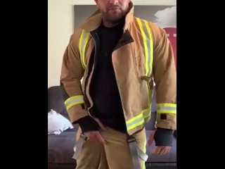 Firefighter flashes big uncut cock...