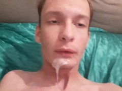 Very skinny young lad strokes his cock and then shoots out a loud in his mouth (CUM IN MOUTH)