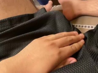Chub Gets Horny In Gym Shorts Rubs Dick On Foot Until He Cums
