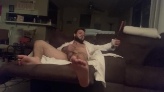 Dad finally Jerks Off after stressful day; smokes and strokes cock in his robe