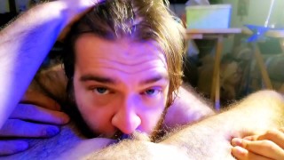 Hairy FTM Boi's Huge Clit Is Suckered By Daddy Bear And His Asshole Is Fingered