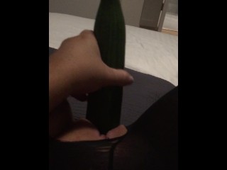 Fucking my_tiny pussy with a huge cucumber_and squirting everywhere while wearing ripped pantyhose