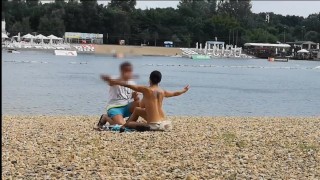 Milf Lilly naked on public beach got oil massage from stranger