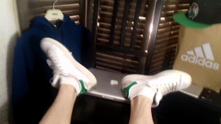 Foot Worship Twink's Legs Worship Apple Laptops Adidas Stan Smith Sneakers White Socks Boy's Feet