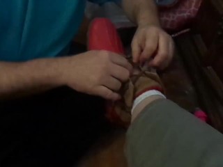 Slave boy rubs lotion on Mistress Victoria and puts on her socks_shoes 4_her