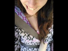 Public Car play Makes Me Excited! Hairy Pussy Thick Thighs Slut in Passenger Seat Flashes Upskirt 