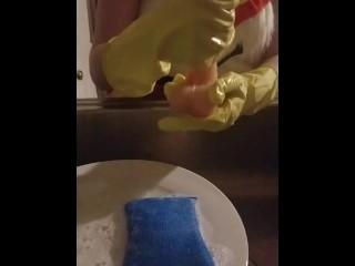 JOI latex gloves/costume fetish/petite blonde washes dishes