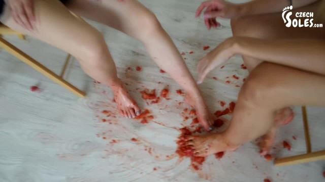 Two sexy foot girls crushing strawberries under their soles (lesbian feet, foot tease, sexy feet)