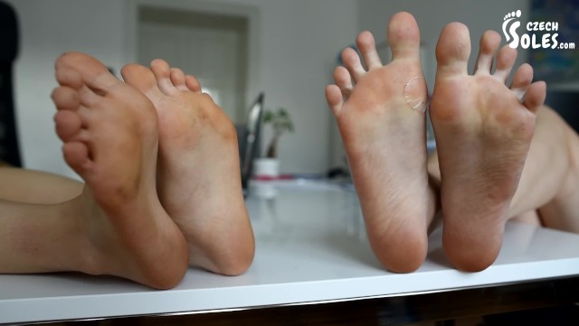 Foot size rivalry and comparing on workplace (office feet, big feet, small feet, foot teasing, toes)