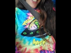 PinkMoonLust from ONLYFANS is Hippie Slut in Passenger Seat of Car Showing HAIRY Pussy in Public
