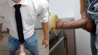 The guy with the big dick locked the utility room and pumped sperm into an artificial anus