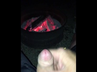 Stroking my uncut cock in front of_the campfire in my campsite, risk of getting caught by_neighbours