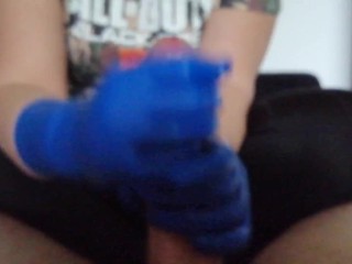 Gaming Friend_got a handjob with my new_blue latex gloves