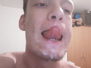 Extremely Horny Teen Gives Him Self A Juicy Facial Just Before Bed Time