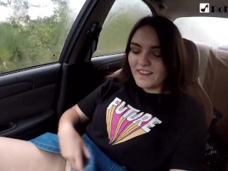 Public masturbation of a brunette in a car on the go. (eng_sub)