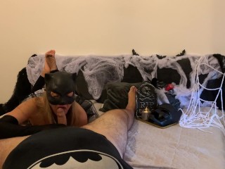 Catwoman revives Batman with hot_fuck and great blowjob with_facial creampie during Halloween GLOVES