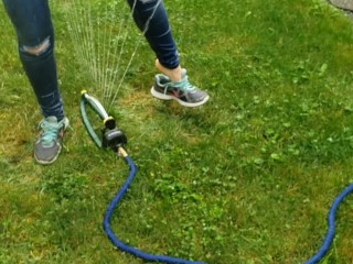 Wetting My_Jeans Into sockless Shoes then soaking inthe sprinkler