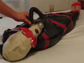 BDSM Slave Girl, plastic mummification withgasmask Breathplay