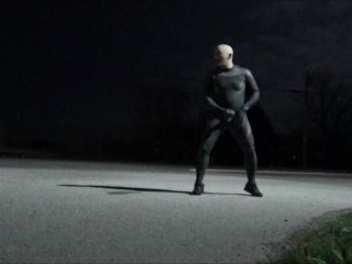 Wetsuited Guy Jerking Off In Road And In Front Of House On Full Moon