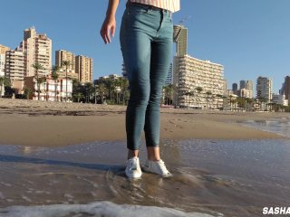 Wet Shoot on a Public Beach with Crazy Model. Risky Outdoor Masturbation. FootFetish. Pee_in Jeans