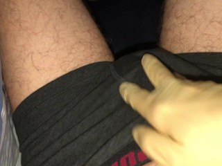 Watch my Dick grow inside my_tight pants and me play with my_foreskin in rubber gloves