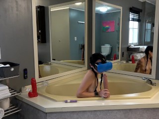 Private video of tiny brunette masturbating with big dildos and VR in bathtub with large mirrors