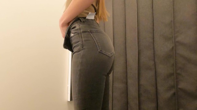 Fit girl try-on haul slim fit jeans, trousers in dressing room 14