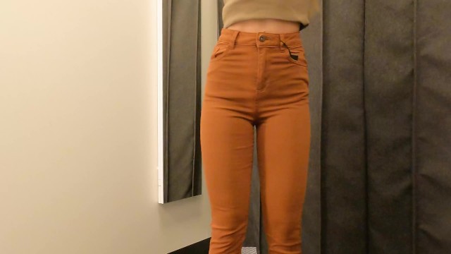 Fit girl try-on haul slim fit jeans, trousers in dressing room 14