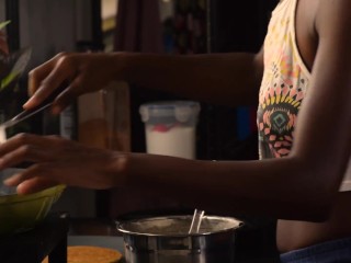 Sexy fit Black Girl in the kitchen