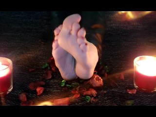 ASMR feet fetish video - teading and seductive feet playing_with dried leaves,leather pants and glo