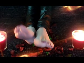 ASMR feet fetish video - teading and seductive feet playing with dried_leaves, leather pants and_glo