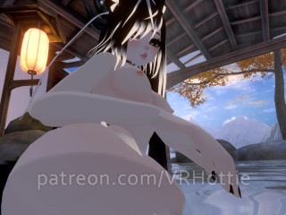 Nude dragon girl face at hot spring white...