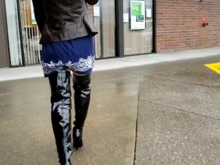 Kinky Piss In Thigh High Boots Then Walking In_the Mall