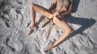 Voyeur On A Public Beach An Amateur Nudist Teen Fucks Her Tight Pussy With A Huge Cucumber
