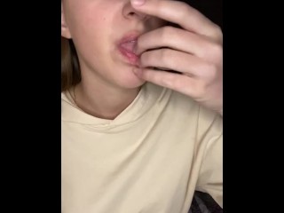 Spit play.Finger sucking and gagging. Drool