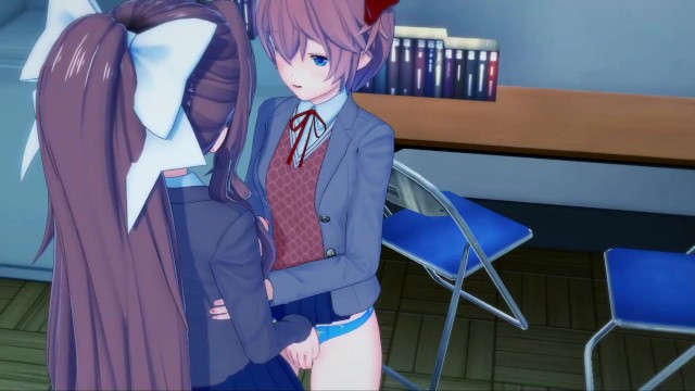 Sayori fucks Monika with a strapon in the club room - Doki Doki Literature Club hentai.