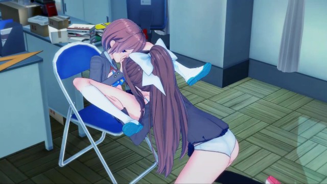 Sayori fucks Monika with a strapon in the club room - Doki Doki Literature Club hentai.