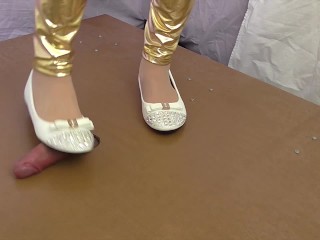 Cock crush_in gold leggings and white_balerinas
