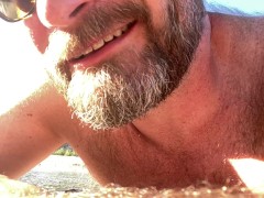Naked Hairy Dad Talking Dirty on the Beach