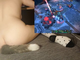 Cute girl with tail and socks riding a_vibrator while_playing games